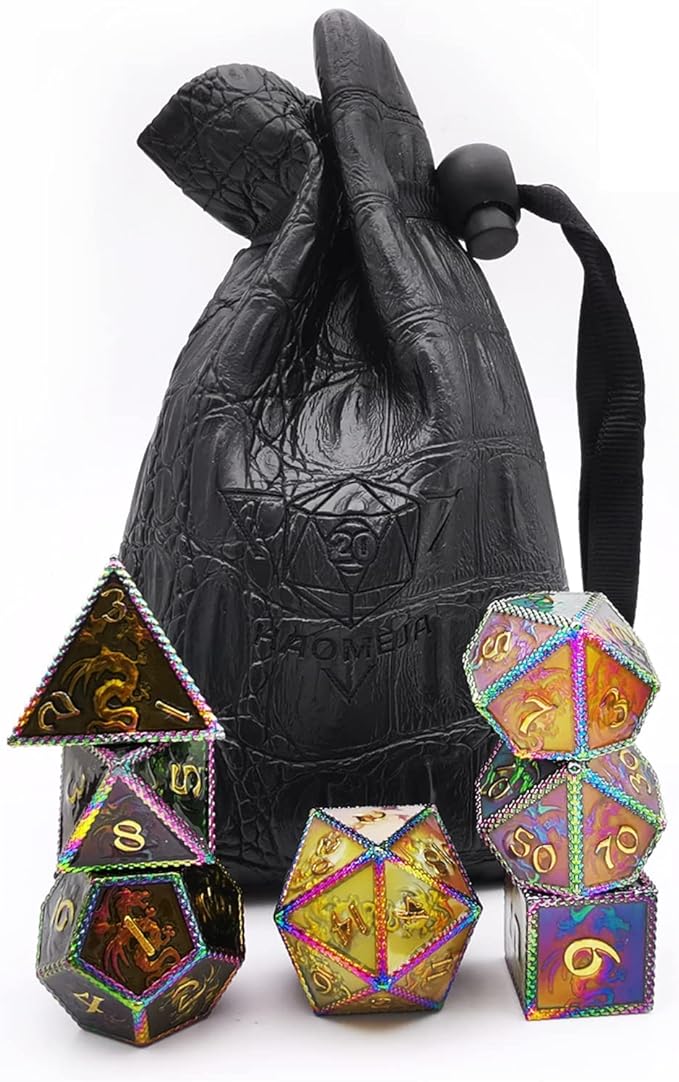 HAOMEJA Color Changing Temperature Metal Dragons DND dice set D&D dice Set Role Playing Dice Apply to Dungeons and Dragons Black Transition Colourful