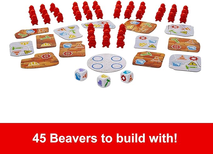 Mattel Games Beaver Building Fun Game for Family Nights, Game Nights, Travel & Camping for 2-4 Players 6 and Up with 45 Beaver Figures, 14 Double-Sided Building Tiles and 3 Dice.