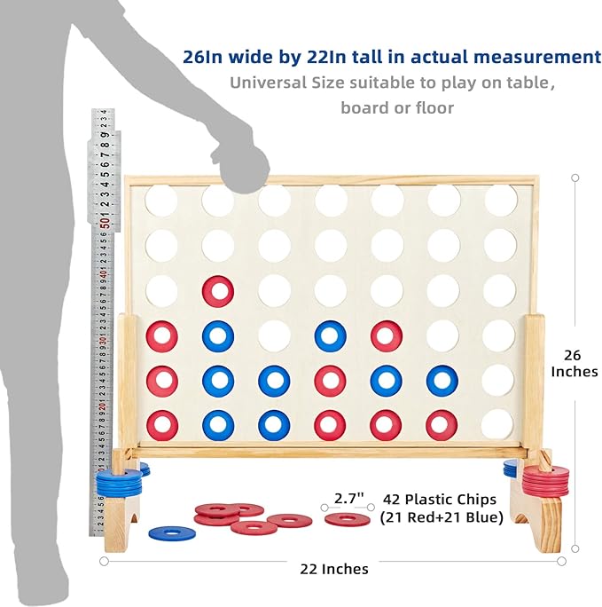 26X22In Giant Wooden 4 in a Row Game, Outdoor Yard Game for Famlies Adults, 42 Pcs Chips & Durable Carrying Bag, Halloween Christmas Party Gifts for Lovers