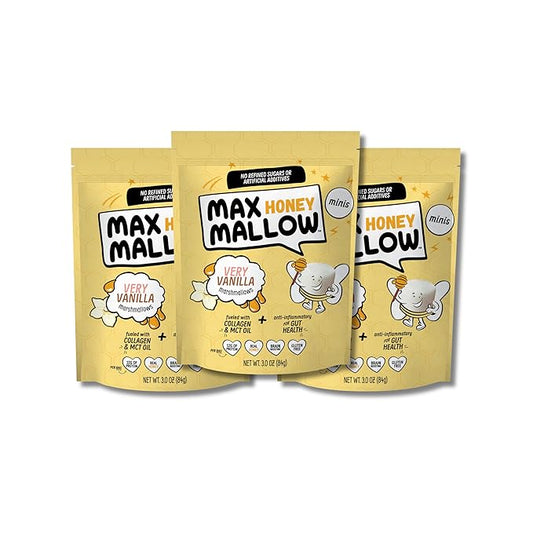 Max Mallow Very Vanilla Mini HONEY Marshmallows – Gut Friendly, Gluten Free, No Refined Sugars, Real Wildflower Honey, Collagen-Infused Snack (3 Pack, Very Vanilla)