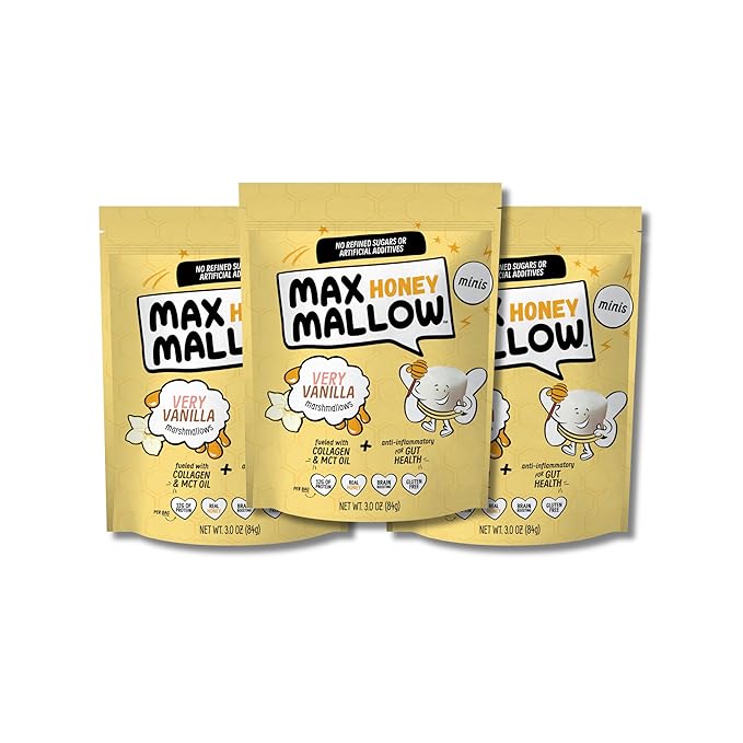 Max Mallow Very Vanilla Mini HONEY Marshmallows – Gut Friendly, Gluten Free, No Refined Sugars, Real Wildflower Honey, Collagen-Infused Snack (3 Pack, Very Vanilla)