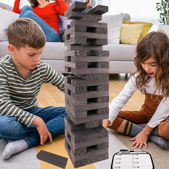 Juegoal 54 Piece Giant Tumble Tower Grey for Adult Kids Family, Wooden Block Stacking Game with Gameboard & Canvas Bag, Outdoor Games for Backyard Lawn Party Playing, 6.9 x 6.9 x 24 Inches,X-Large