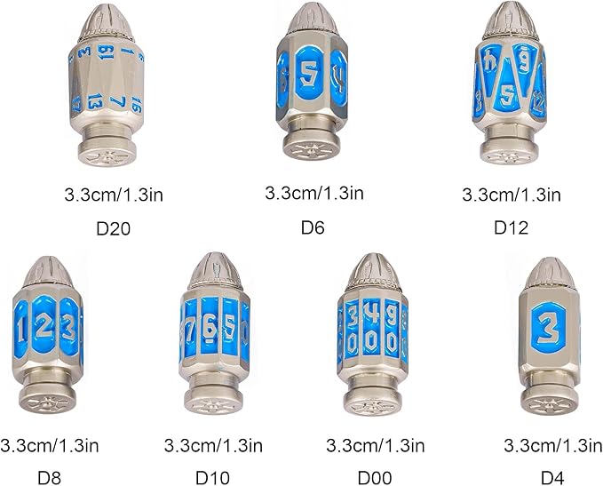 UDIXI Metal DND Bullet Dice Set with Unique Container, 7-Die Solid Metal Polyhedral Dice Set for D&D, Role Playing Game or Other Tabletop Games(Nickel Blue)