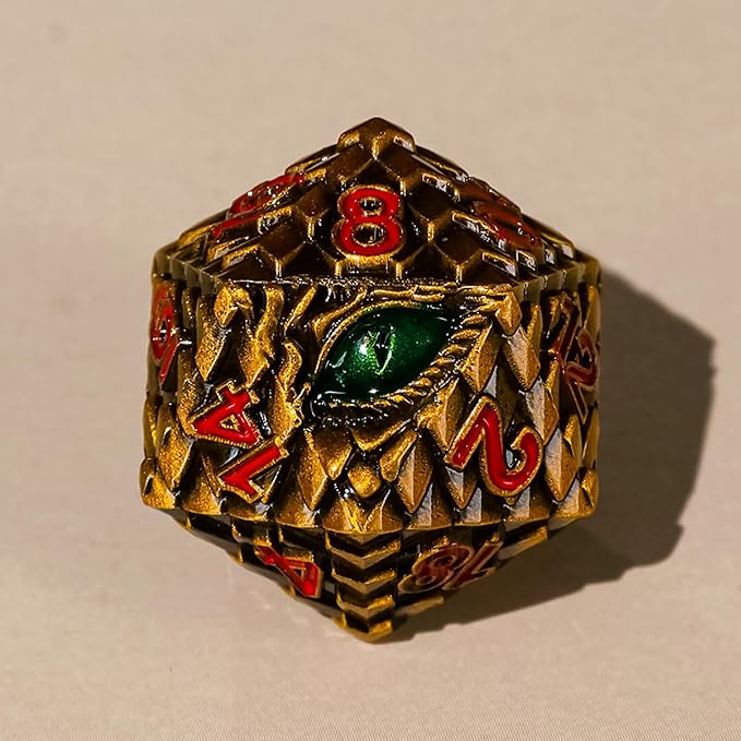 Metal Dice Set D&D,7 PCS Dragon Scale Metallic DND Dice Set,Dragon Eye Metal Dice with Gift Metal Box for Dungeons and Dragon Tabletop Game (Yellow Dragon Scale & Green Eye)
