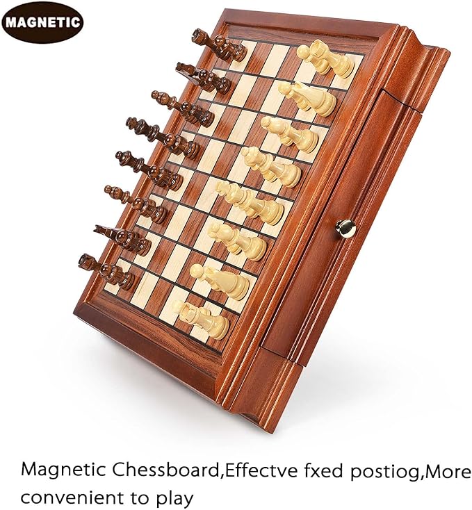 AMEROUS 12.8'' Magnetic Wooden Chess Set / 2 Built-in Storage Drawers / 2 Extra Queen/Gift Package/Chess Rules/Classics Strategy Board Games Chess Sets for Kids and Adults