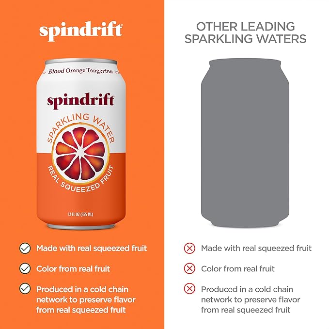 Spindrift Sparkling Water, Blood Orange Tangerine Flavored, Made with Real Squeezed Fruit, 12 Fl Oz Cans, Pack of 24 (Only 12 Calories per Can)