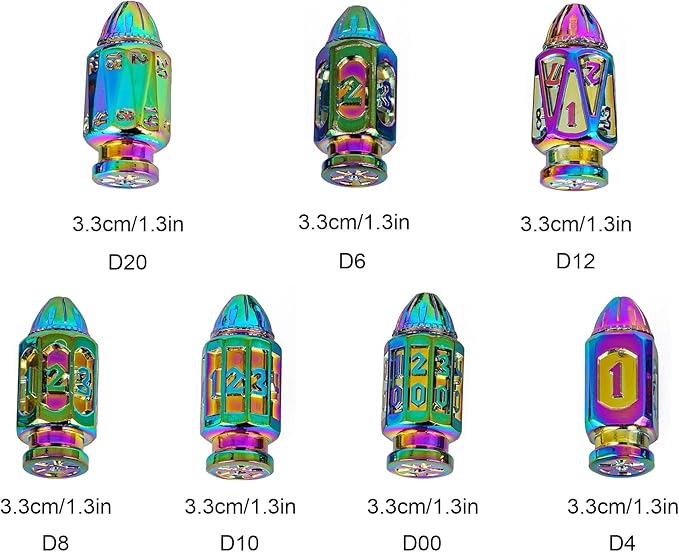 UDIXI Metal DND Bullet Dice Set with Unique Container, 7-Die Polyhedral Dice Set Cool Style for D&D, Role Playing Game or Other Tabletop Games(Colorful)