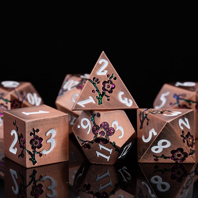Glitter Purple DND Metal Dice, Flower Metal DND Dice Set with Gift Case for Dungeons and Dragon,7PCS Solid Metal Dice Tabletop Game (Antique Red Copper-Red)