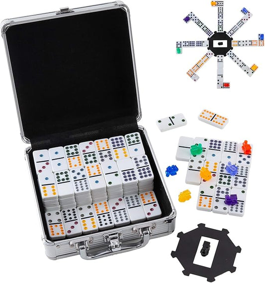 Double 12 Colored Dot Dominoes Mexican Train Game Set, 91 Tiles Dot Dominoes with 9 Trains, Scoreboard, Octagon Shape Hub and Aluminum Case