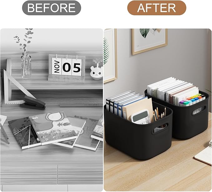 8 Pack Black Storage Bins with Lids Stackable Storage Container for Organizing, Black Storage Boxes with Handle for Shelves, Cute Organizer Bins for Craft, Snacks, 9.85x6.9x5.7 inch