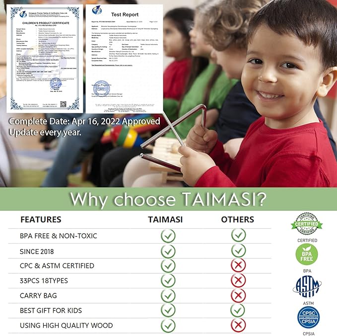 Kids Musical Instruments, 33Pcs 18 Types Wooden Percussion Instruments Tambourine Xylophone Toys for Kids Children, Preschool Education Early Learning Musical Toy for Boys and Girls