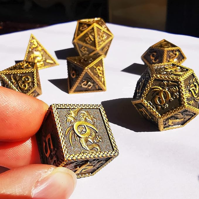 HAOMEJA DND Metal Dice Dragon Set 7 Role Playing Dice D&D Solid Dice Dungeons and Dragons (Ancient Brass)