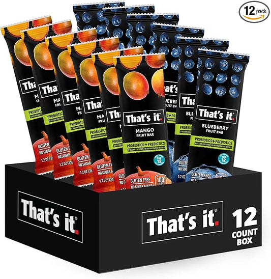 That's it. Probiotic Fruit Bar Variety Pack, Mango & Blueberry Flavors, Just Real Fruit + Probiotics, 100 Calories Per Bar, All Natural, 2-3 Ingredients, Shelf Stable, Allergy-Friendly (12 Count)