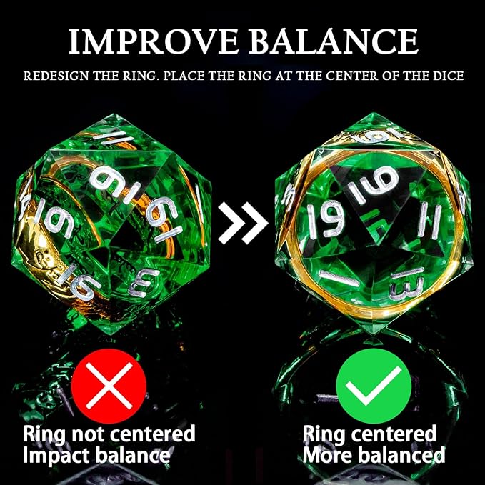 Magic Golden Ring DND Dice Set with Case, Green Resin Sharp Edge D and D Dice for use with D&D Tabletop Games Lord Handmade Polyhedral Dice Set D20 D12 D10 D8 D6 D4
