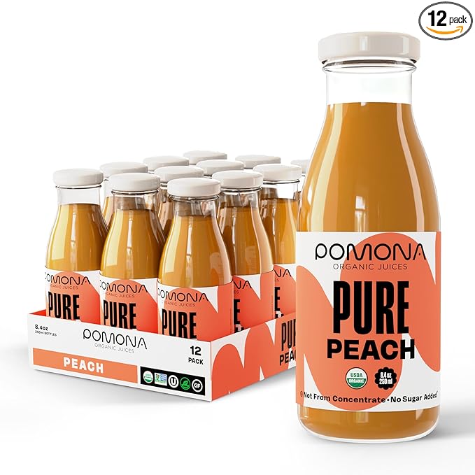 Pomona Organic Peach Juice (Pack of 12), Cold Pressed USDA Organic Juices, 100% Peaches, No Added Sugar, Not From Concentrate, Vegan, Kosher, Non GMO, Pasteurized, 8.4 oz Glass Bottles