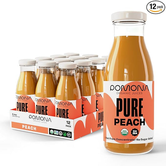 Pomona Organic Peach Juice (Pack of 12), Cold Pressed USDA Organic Juices, 100% Peaches, No Added Sugar, Not From Concentrate, Vegan, Kosher, Non GMO, Pasteurized, 8.4 oz Glass Bottles