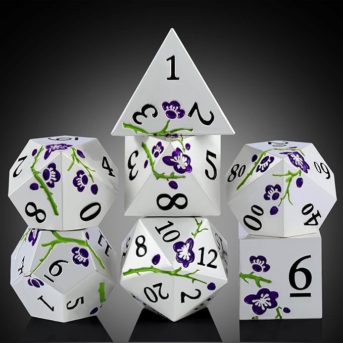 Flower Silver Metal Dice, DNDND 7 PCS Heavy Metallic D&D Dice Set with Gorgeous Gift Case for Dungeons and Dragon Tabletop Game (Matte Silver with Purple Flower)