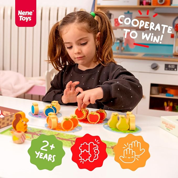 Nene Toys Squirrel in The Orchard - Cooperative Wooden Game for Toddlers Ages 2-4 - Educational Board Game for 2 3 Year Olds, Orchard Game to Enhance Color Recognition & Counting Skills