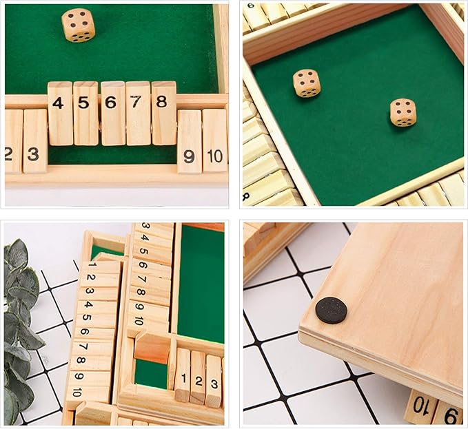 DC-BEAUTIFUL Shut The Box Dice Game, 2-4 Players Classic Board Game for Adults, Wooden Tabletop Game with Dices and Instruction,Math Strategy Game for Christmas Party (Green)