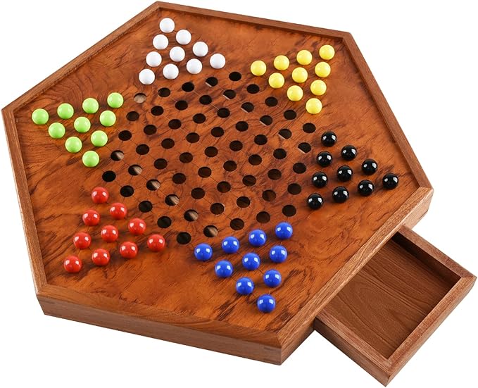 16.5" Large Chinese Checkers Upgraded Version Wooden Game Board, 16mm 60+12 Colorful Acrylic Marbles, Easy Grasping for Adults and Kids, with Storage Drawer, Fun for Family Gathering