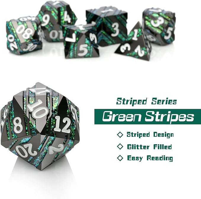 Stripe D&D Dice,DNDND Metallic Glitter Stripes Dice with Gift Metal Box for Dungeons and Dragons Tabletop Game (Green Stripes)