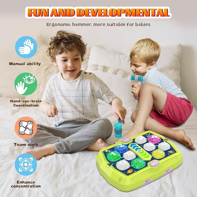 Hammer Mole Game Toy for Toddler, Toys for 3 4 5 6+ Year Old Boys/Girls, Interactive Educational Pounding Toys with 2 Hammers, Music & Light, 3 Modes, Birthday Xmas Gifts for Boys Girls Kids Age 3+