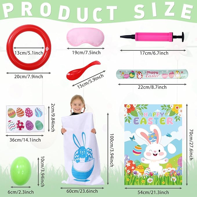 26pcs Easter Games for Kids Outdoor Potato Sack Race Bags Inflatable Bunny Ears Ring Toss Game Egg and Spoon Pin The Tail on The Bunny Game for Party Favors
