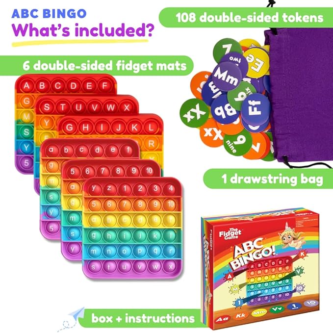 The Fidget Game ABC Bingo, Games for Kids - Six Educational Alphabet Bingo Popping Mats for Preschool, Toddlers, Kindergarten - Learning Activities for 2-6 Players 3+ Years