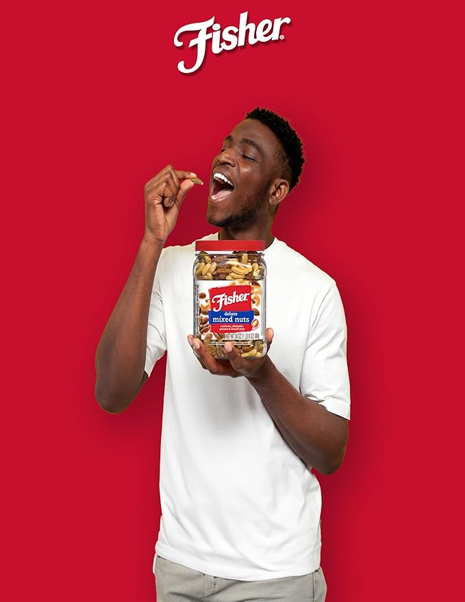 Fisher Snack Deluxe Mixed Nuts, 24 Ounces, Cashews, Almonds, Pecans, Brazil Nuts, 100% Recyclable, Healthy Snacks for Adults