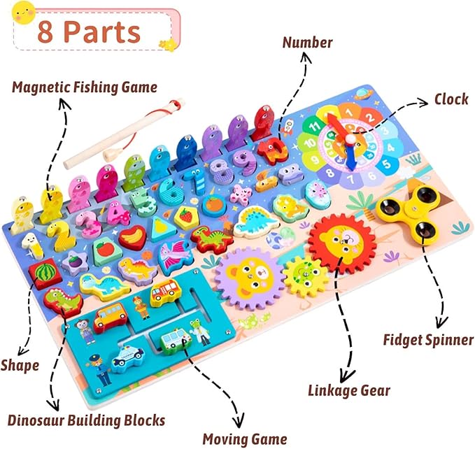 Wooden Number Puzzle Sorting Montessori Toy Busy Board for Toddlers |Shape Puzzle Matching Counting Fishing Game for Ages 2 3 4 5 Years Kids Math Stacking Preschool Educational Learning Activities Toy
