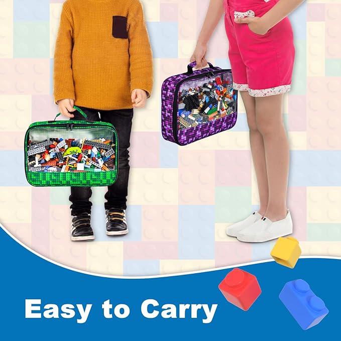 5 PCS Toys Storage Bags for kids,Travel Organizer Pouch Case for Lego Bricks, Puzzles, Building Blocks,Waterproof Colorful Print Design with Handle (Half-Transparent)
