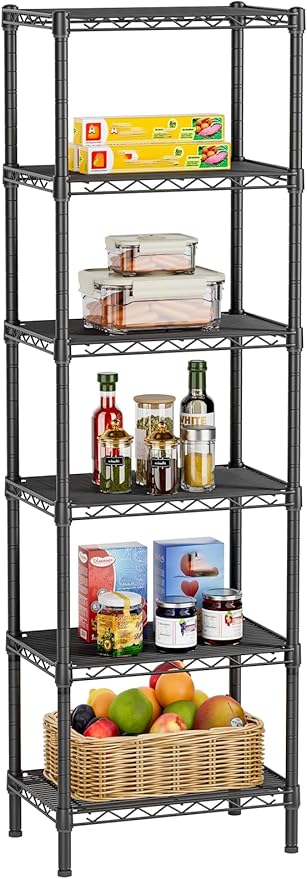 6 Tier Adjustable Storage Shelves Narrow Mesh Gaps Metal Utility Shelf Wire Shelving Unit Organizer Rack for Home Kitchen Office Bathroom Pantry Room10 D x 16" W x 60" H Black