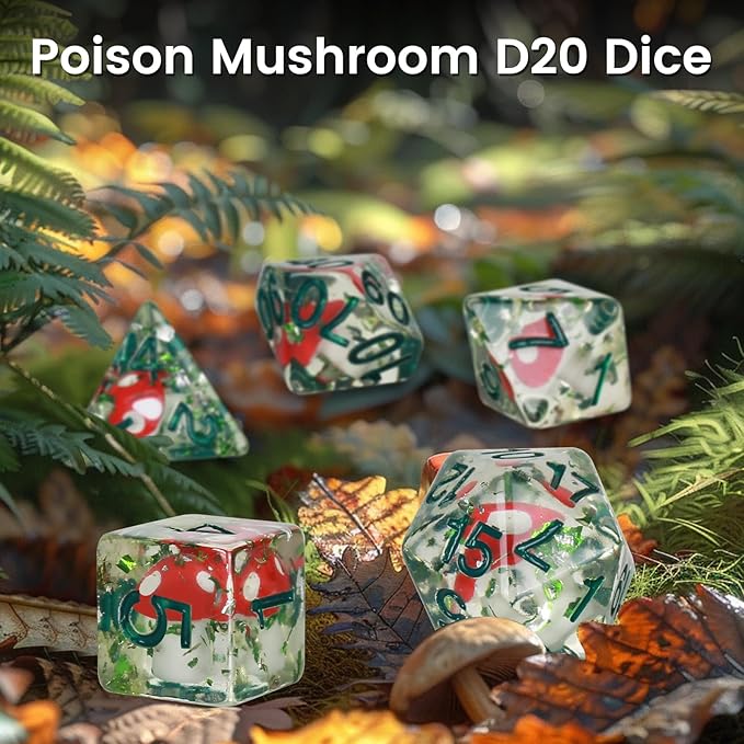 OriCraft Mushrooms Dice DND Dice Set with Poisonous Mushrooms Inside Dungeons and Dragons Polyhedral Role Playing Gaming Dices D20 Dice 7 Set Halloween Dices