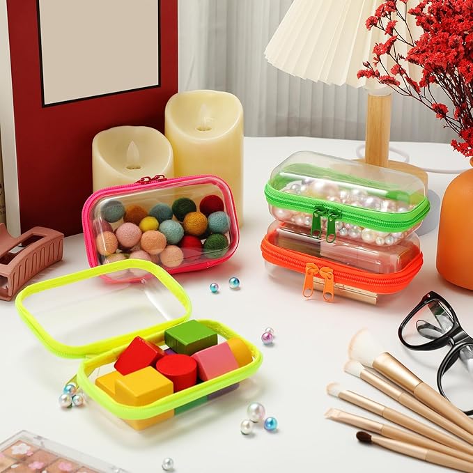 Hoolerry 4 Pcs Hard Clear Zipper Case Transparent Cases for Snacks Makeup Bag Plastic Storage Box Containers for Building Blocks, Puzzles, Cosmetics(Fluorescent,5 x 3 x 2 in)