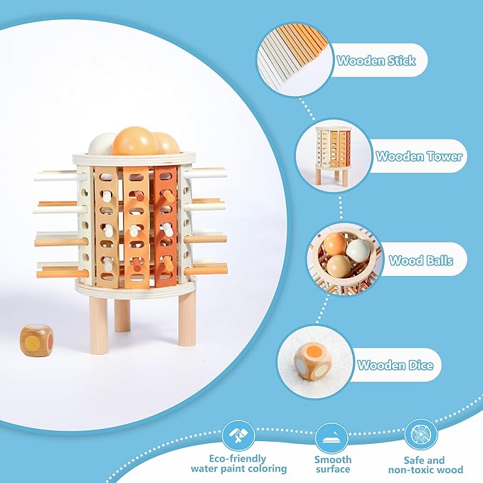 Montessori Toys for 3 Years Old - Wooden Tower Sticks Game, 3-in-1 Ball Drop and Pick-up Sticks Game with Dice - Balance Toy for Patience Training