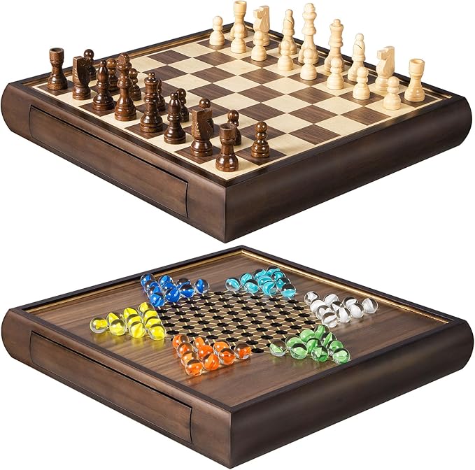 2 in 1 Magnetic Chess Set & Chinese Checkers 13" Wooden Board Game with Storage Drawer and 60 Glass Marbles + Bonus 12 Spare & 2 Extra Queens,for Kids and Adults