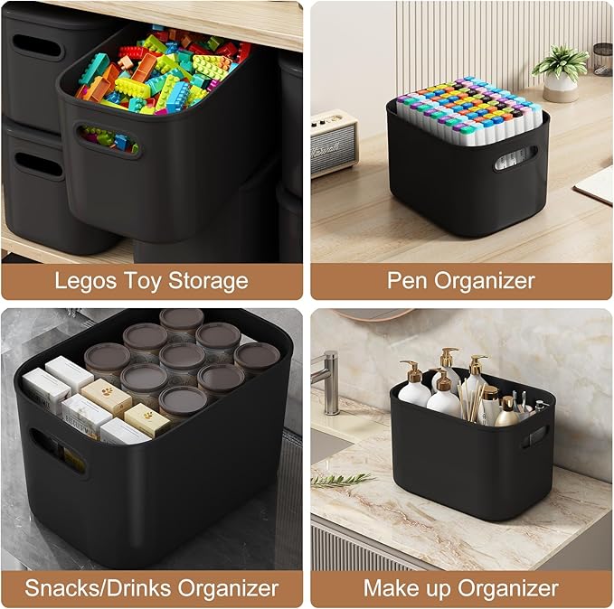 8 Pack Black Storage Bins with Lids Stackable Storage Container for Organizing, Black Storage Boxes with Handle for Shelves, Cute Organizer Bins for Craft, Snacks, 9.85x6.9x5.7 inch