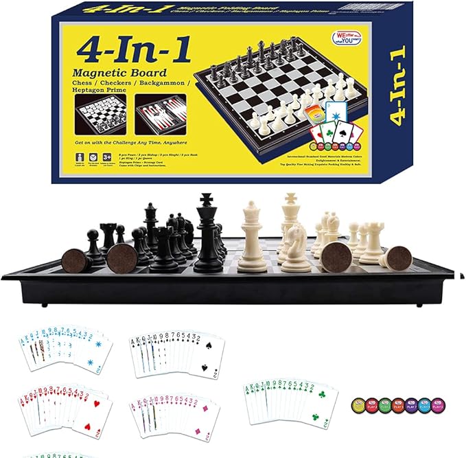 WEofferwhatYOUwant 4-in-1 Magnetic Chess Set – Chess, Checkers, Backgammon & Bonus Strategy Card Game – 14.2” Folding Board