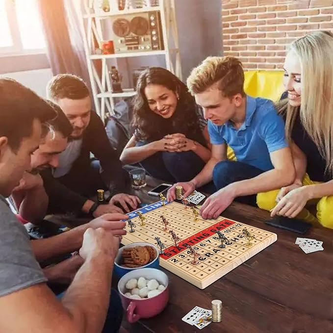 Large 21 inches Horse Racing Board Game with 11 Luxury Metal Horses Thickened Wood Game Chessboard Including Dice and Cards Finish LINE Race Game Board