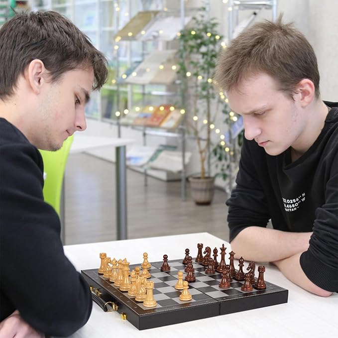 Chess Checkers Backgammon Set 3-in-1 Board Games Sets for Kids & Adults,15" Folding Magnetic Chess Set Leather Chess Board Strategy Game Portable Travel Chess Game with Magnetic Chess Pieces