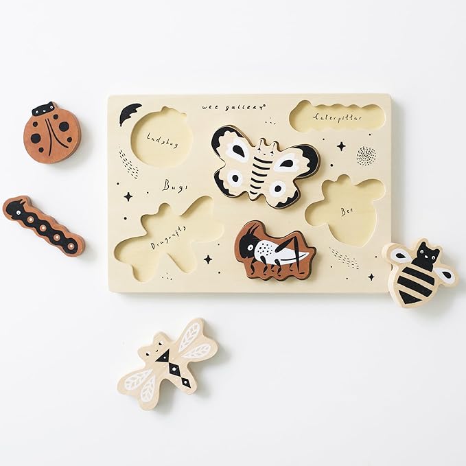 Wee Gallery Wooden Tray Puzzle Bugs, Montessori Toy for Toddlers and Preschoolers for Early Learning and Fine Motor Skill Development, Sustainable Educational Puzzle for Kids
