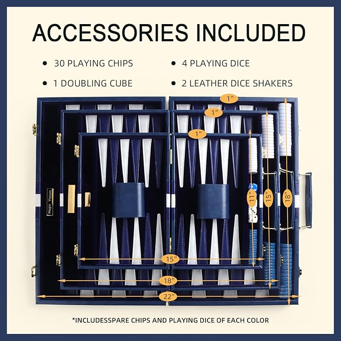 Travel Large 18 Inch Backgammon Blue Sets Classic Board Game with Premium Leather Case, Portable Travels Strategy Backgammon Game Set for Adults, Kids (Blue, Large)