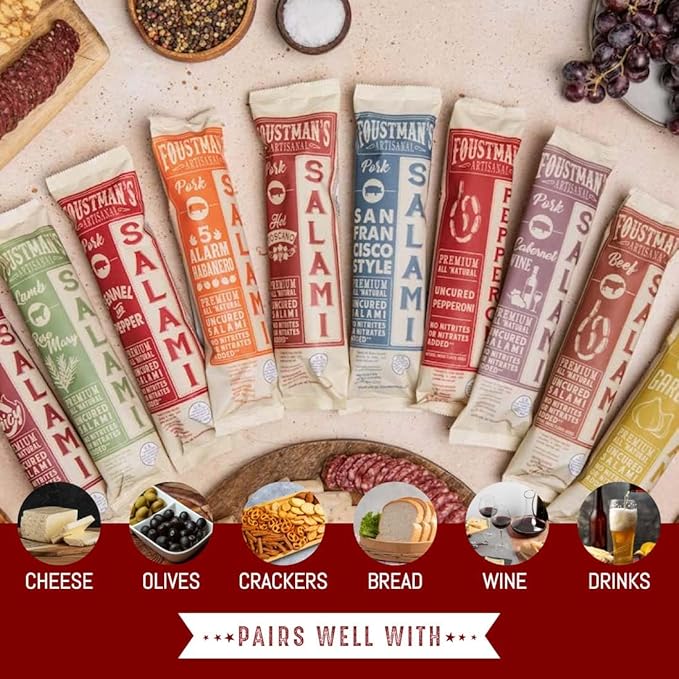 Foustman's Salami Turkey San Francisco Style Artisanal, Nitrate-Free, Naturally Cured, Gluten-Free, Dairy-Free, No Pork, Turkey Deli Meat, 7 Oz Sticks