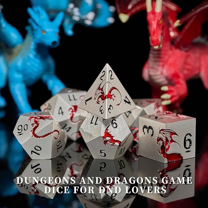 Metal Dice Set D&D, HNCCESG Polyhedral Dice 7 Piece Dice Dragon Metallic DND Dice Set for Dungeons and Dragon RPG Tabletop Game(Matte Silver Red Dragon)