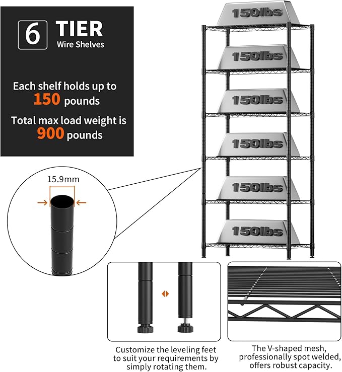 6 Tier Adjustable Storage Shelves,Heavy Duty Metal Utility Shelf 900LBS Capacity,Wire Shelving Unit Organizer Rack for Home,Kitchen,Office,Bathroom,Pantry Room,12" D x 22" W x 69" H,Black