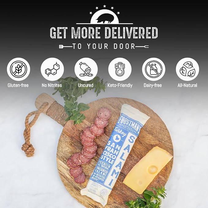 Foustman's Salami Turkey San Francisco Style Artisanal, Nitrate-Free, Naturally Cured, Gluten-Free, Dairy-Free, No Pork, Turkey Deli Meat, 7 Oz Sticks