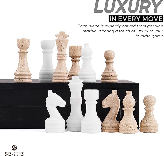 Marble Chess Set 15 Inch Travertine & White Checkers Board Game with Pieces, 2 Extra Queens and Storage Box, Strategy Set for Adults & Family, Travel, Tabletop Play