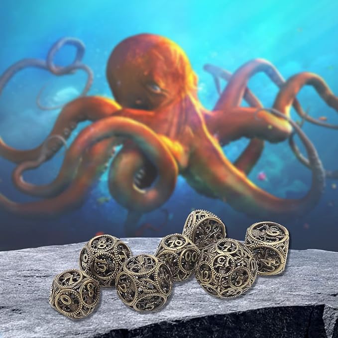 DND Dice,Hollow D&D Metal Dice,Unique Round Ball Design Octopus Dice with Gift Box for Dungeons & Dragon Gaming,7 PCs Steampunk Polyhedral D and D Dic (Ball Octopus Bronze)