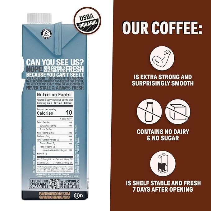 Wandering Bear Organic Vanilla Cold Brew Coffee, 32 fl oz, 6 pack - Extra Strong, Bold, Smooth, Unsweetened, Shelf-Stable, Ready to Drink, Gluten Free, & Vegan, Iced Cold Brewed Coffee Drinks