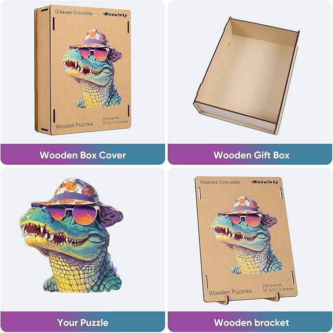 Wooden Puzzles for Adults, Glasses Crocodile Jigsaw Puzzles 200 Pieces Animal Unique Shaped Wood Cut Puzzle Gifts for Adults and Kids, Family Puzzle Games, Medium Size
